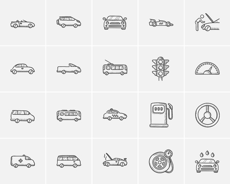 Transportation sketch icon set for web, mobile and infographics. Hand drawn transportation icon set. Transportation vector icon set. Transportation icon set isolated on white background.のイラスト素材