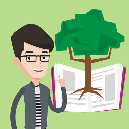 Happy student standing on the background of tree growing from open book. Cheerful student pointing at tree of knowledge. Concept of education. Vector flat design illustration. Square layout.のイラスト素材
