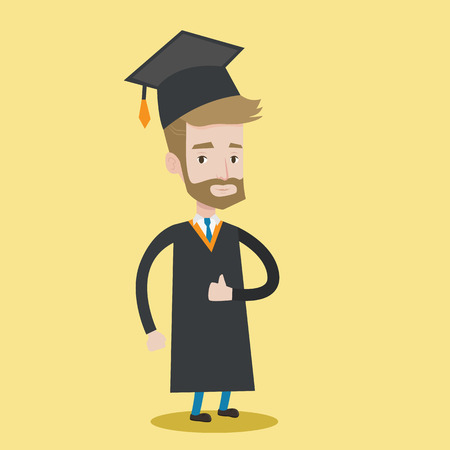 A happy graduate in cloak and graduation cap. A hipster graduate with the beard giving thumb up. Joyful graduate celebrating. Concept of education. Vector flat design illustration. Square layout.のイラスト素材