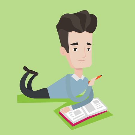 Smiling student laying on the floor and reading a book. Student laying with a notebook. Student writing while laying on the floor. Concept of education. Vector flat design illustration. Square layout.のイラスト素材