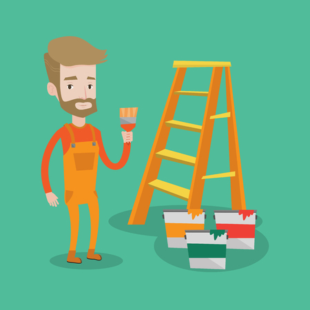 Hipster painter with the beard holding a paintbrush. Man with paintbrush in hand standing near step-ladder and paint cans. Concept of house renovation. Vector flat design illustration. Square layout.のイラスト素材