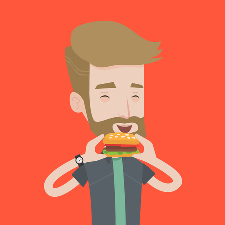 A hipster man with the beard eating hamburger. Happy man with eyes closed biting hamburger. Young smiling man is about to eat delicious hamburger. Vector flat design illustration. Square layout.のイラスト素材