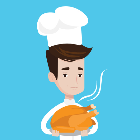 Chief cooker holding roasted chicken in the kitchen. Chief cooker with whole baked chicken. Chief cooker with fried chicken. Vector flat design illustration. Square layout.のイラスト素材