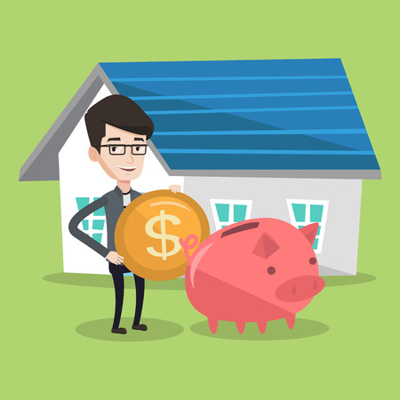 Young happy man putting dollar coin in piggy bank. Cheerful man standing on a background of house. Concept of saving and investing money in real estate. Vector flat design illustration. Square layout.のイラスト素材