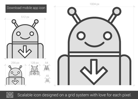 Download mobile app vector line icon isolated on white background. Download mobile app line icon for infographic, website or app. Scalable icon designed on a grid system.のイラスト素材