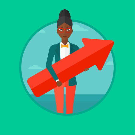 An african-american business woman standing with a big arrow in hands. Woman holding arrow pointing up. Business success concept. Vector flat design illustration in the circle isolated on background.のイラスト素材