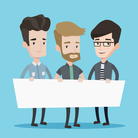 Three men holding white blank board. Group of young students holding an empty board. Vector flat design illustration. Square layout.のイラスト素材