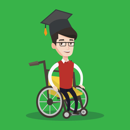 Cheerful graduate sitting in wheelchair. Young caucasian student sitting in wheelchair. Happy disabled graduate in graduation cap sitting in wheelchair. Vector flat design illustration. Square layout.のイラスト素材