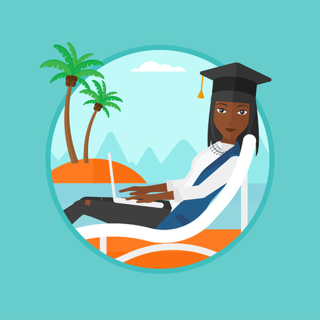 An african-american graduate lying in chaise long. Graduate in graduation cap working on laptop. Graduate studying on a beach. Vector flat design illustration in the circle isolated on background.のイラスト素材