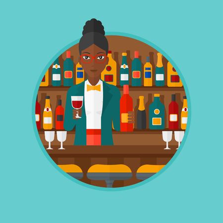An african-american bartender standing at the bar counter. Bartender with a bottle and a glass in hands. Bartender at work. Vector flat design illustration in the circle isolated on background.のイラスト素材