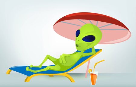 Cartoon Character Funny Alien Isolated on Grey Gradient Background. Beach.の写真素材