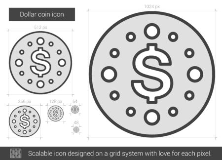 Dollar coin vector line icon isolated on white background. Dollar coin line icon for infographic, website or app. Scalable icon designed on a grid system.のイラスト素材