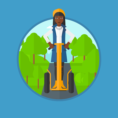 An african-american woman driving electric scooter in the park. Woman riding on modern self-balancing electric scooter outdoor. Vector flat design illustration in the circle isolated on background.のイラスト素材