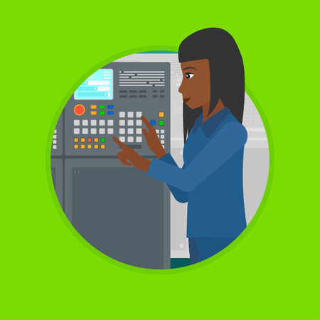 An african woman working on control panel. Woman pressing button on control panel. Engineer standing in front of control panel. Vector flat design illustration in the circle isolated on background.のイラスト素材