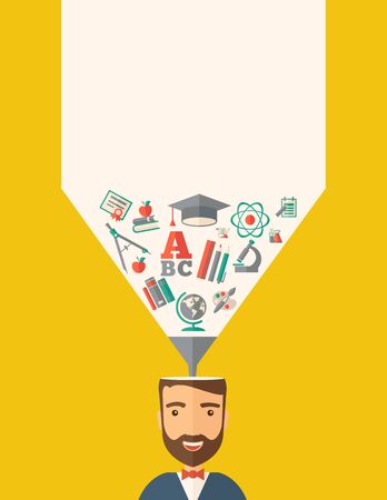 A man with icons and student ideas. A Contemporary style with pastel palette, dark yellow tinted background.  flat design illustration. Vertical layout with text space on top part.の写真素材