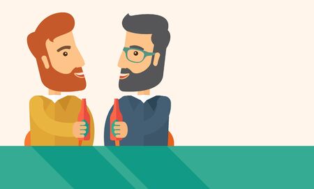 A two hipster co-workers from office to pub having fun drinking beer just to relax and stress free. A Contemporary style with pastel palette, soft beige tinted background.  flat design illustration. Horizontal layout with text space in right side.の写真素材
