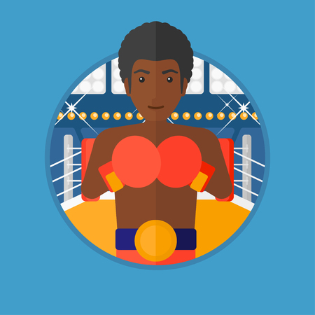 An african-american young sportsman in boxing gloves. Professional male boxer standing in the boxing ring. Vector flat design illustration in the circle isolated on background.のイラスト素材