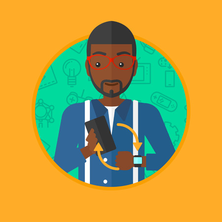 An african-american man holding a smartphone and looking at his smart watch. Synchronization between smartwatch and smartphone. Vector flat design illustration in the circle isolated on background.のイラスト素材