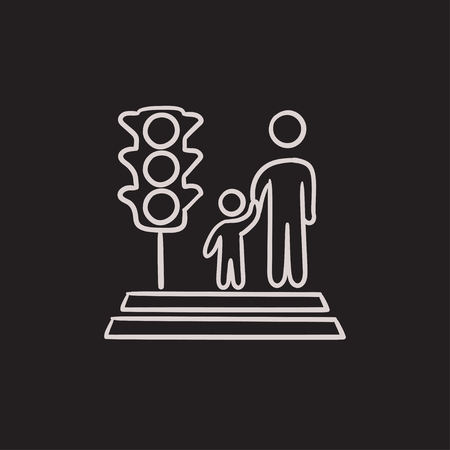 Parent and child crossing street vector sketch icon isolated on background. Hand drawn Parent and child crossing street icon. Parent and child crossing street icon for infographic, website or app.のイラスト素材