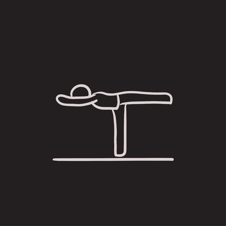 Man in virabhadrasana III pose vector sketch icon isolated on background. Hand drawn Man in virabhadrasana III pose icon. Man in virabhadrasana III pose sketch icon for infographic, website or app.のイラスト素材
