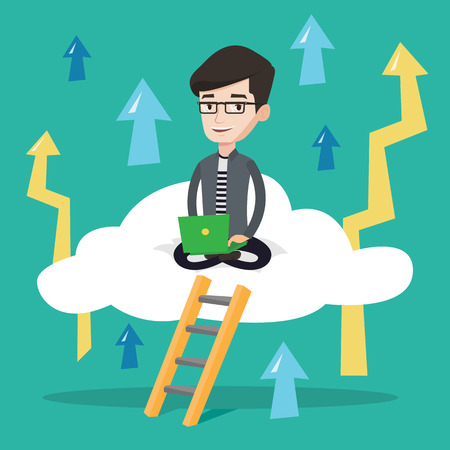 Young happy businessman sitting on a cloud with a laptop on the background of arrows going up. Cheerful businessman working on a laptop on a cloud. Vector flat design illustration. Square layout.のイラスト素材