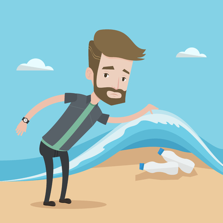 A hipster caucasian young man with the beard showing plastic bottles under sea wave. Concept of water pollution and plastic pollution. Vector flat design illustration. Square layout.のイラスト素材