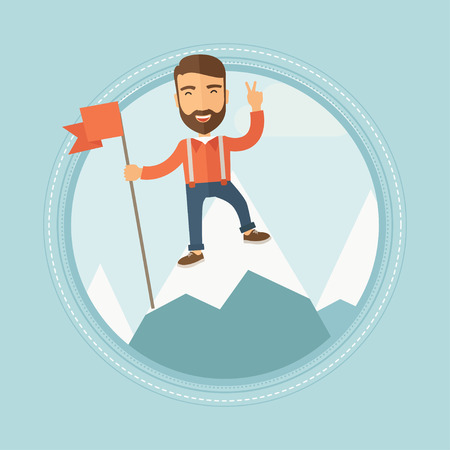 Happy young hipster caucasian man with the beard holding a red flag on the top of the mountain. Cheerful winner and leader concept. Vector flat design illustration in the circle isolated on backgroundのイラスト素材