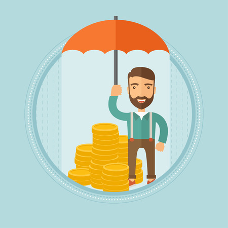 Happy caucasian hipster businessman with the beard holding an open umbrella over golden coins. Concept of business insurance. Vector flat design illustration in the circle isolated on background.のイラスト素材