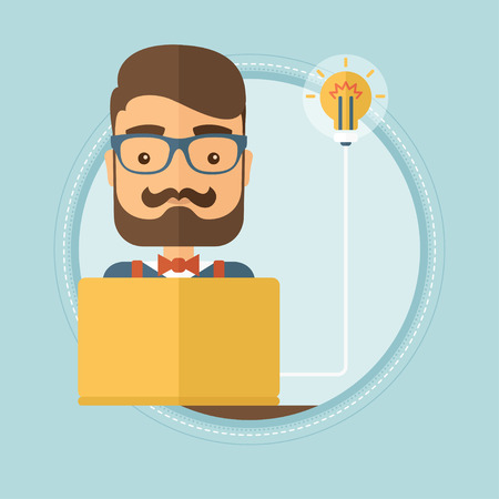 Caucasian hipster businessman with beard working on computer and thinking about new business idea. Creative business idea concept. Vector flat design illustration in the circle isolated on background.のイラスト素材
