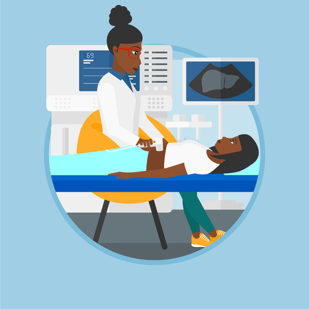 An african-american doctor examining internal organs of a patient on the ultrasound. Doctor working on modern ultrasound equipment. Vector flat design illustration in the circle isolated on backgroundのイラスト素材