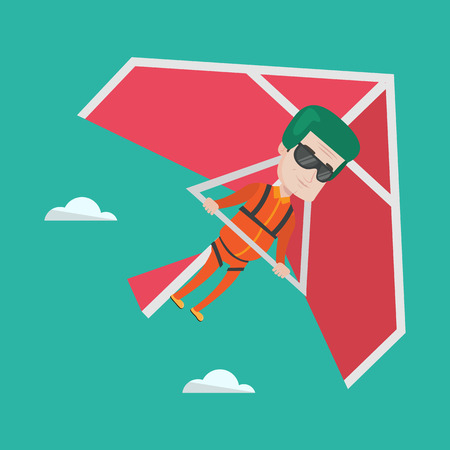 Smiling caucasian man flying on hang-glider. Sportsman taking part in hang gliding competitions. Man having fun while gliding on delta-plane in the sky. Vector flat design illustration. Square layout.のイラスト素材