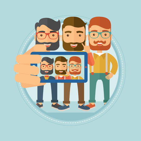 Three happy caucasian hipster men with the beards spending time together having fun and making a selfie photo using smart phone. Vector flat design illustration in the circle isolated on background.のイラスト素材