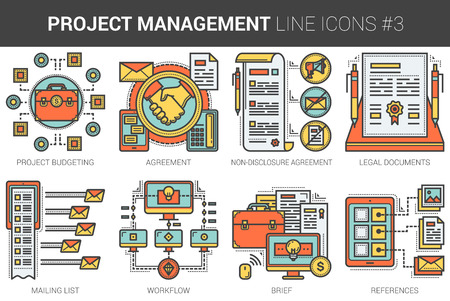 Project management infographic metaphor with line icons. Project management concept for website and infographics. Vector line art icon set isolated on white background.のイラスト素材