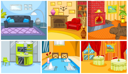 Hand drawn vector cartoon set of apartment and restaurant interiors. Colourful cartoons of home and restaurant backgrounds. Cartoon of interior of living room. Cartoon background of restaurant.のイラスト素材