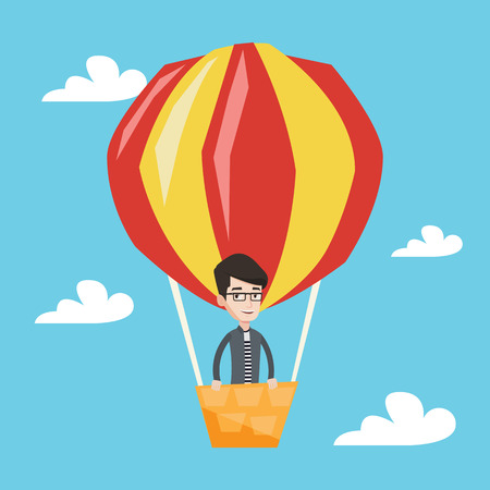 Happy man flying in a hot air balloon. Caucasian man standing in the basket of hot air balloon. Man traveling in aerostat. Man riding a hot air balloon. Vector flat design illustration. Square layout.のイラスト素材