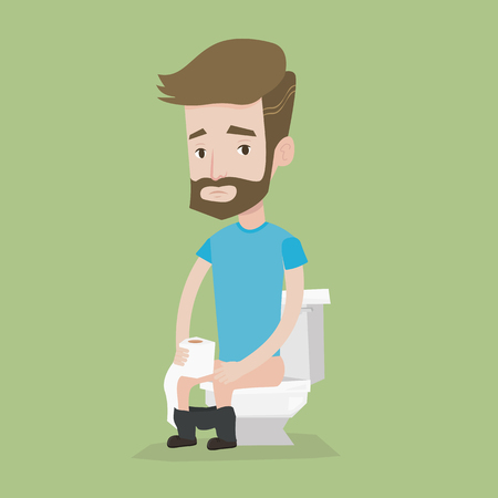 Hipster man sitting on toilet bowl and holding toilet paper roll. Man suffering from diarrhea and a stomach upset. Man suffering from constipation. Vector flat design illustration. Square layout.のイラスト素材