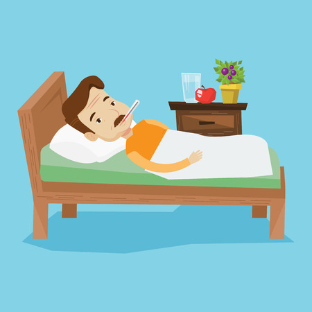 Caucasian sick man with fever laying in bed. Sick man measuring temperature with thermometer in mouth. Sick man suffering from cold or flu virus. Vector flat design illustration. Square layout.のイラスト素材