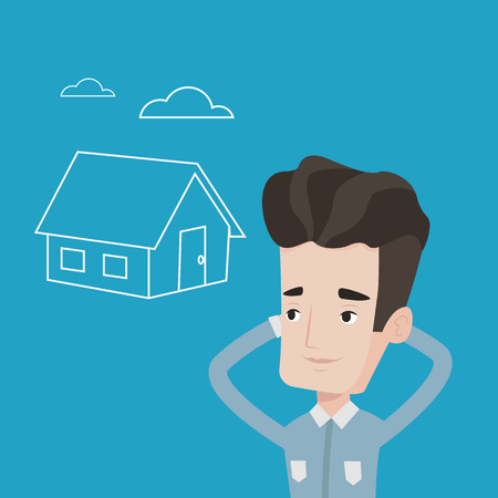 Young caucasian man dreaming about future life in a new house. Smiling man planning his future purchase of house. Man thinking about buying a house. Vector flat design illustration. Square layout.のイラスト素材