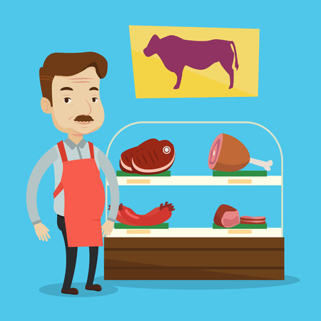 Adult caucasian salesman offering fresh meat at display in butcher shop. Butcher at work at the counter in butchery. Butcher proud of his butcher shop. Vector flat design illustration. Square layout.のイラスト素材