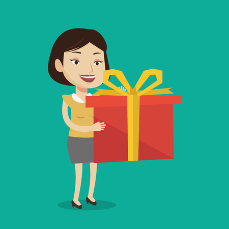 Joyful caucasian woman holding a box with gifts in hands. Happy woman holding gift box. Young woman standing with gift box. Woman buying a present. Vector flat design illustration. Square layout.のイラスト素材