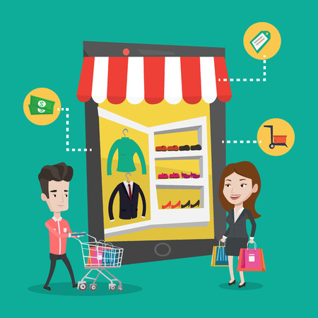 Young caucasian man and woman doing online shopping. Man and woman using mobile shopping. People walking in store that looks like tablet computer. Vector flat design illustration. Square layout.のイラスト素材