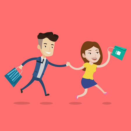 People rushing to shopping. Cheerful woman and man running in hurry to the store on sale. Young caucasian customers rushing to promotion and discount. Vector flat design illustration. Square layout.のイラスト素材