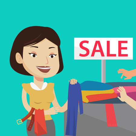 Happy female customer buying clothes at store on sale. Caucasian woman choosing clothes in shop on sale. Young girl shopping in clothing shop on sale. Vector flat design illustration. Square layout.のイラスト素材