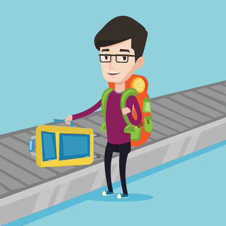 Caucasian man picking up suitcase on luggage conveyor belt at airport. Man collecting his luggage at conveyor belt. Man taking luggage at conveyor belt. Vector flat design illustration. Square layout.のイラスト素材