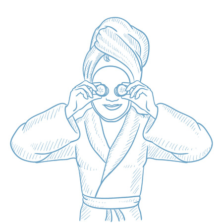 Happy woman with face mask and towel on her head. Woman in robe having beauty treatments. Woman with clay mask on face and cucumber on eyes. Hand drawn vector sketch illustration on white background.のイラスト素材