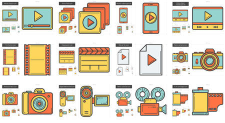 Media vector line icon set isolated on white background. Media line icon set for infographic, website or app. Scalable icon designed on a grid system.のイラスト素材