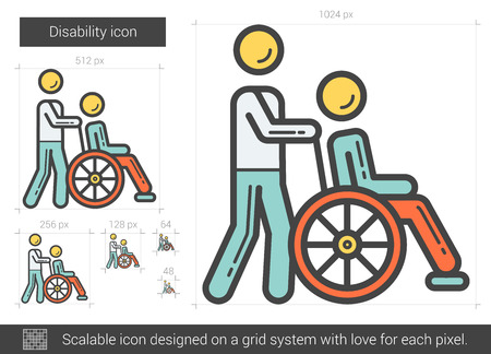 Disability vector line icon isolated on white background. Disability line icon for infographic, website or app. Scalable icon designed on a grid system.のイラスト素材