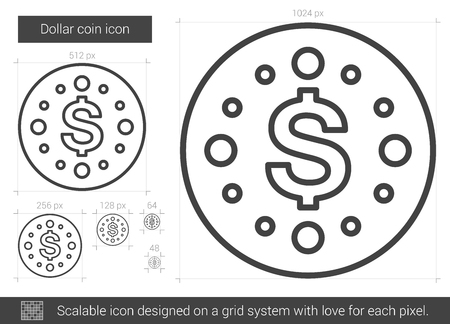 Dollar coin vector line icon isolated on white background. Dollar coin line icon for infographic, website or app. Scalable icon designed on a grid system.のイラスト素材