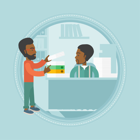 An african-american businessman giving paperwork to employee. Unhappy employee receiving a lot of paperwork from his colleague. Vector flat design illustration in the circle isolated on background.のイラスト素材