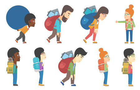 Tourist travels hitchhiking. Tourist standing with backpack. Tourist enjoying his recreation time. Happy tourist during trip. Set of vector flat design illustrations isolated on white background.のイラスト素材
